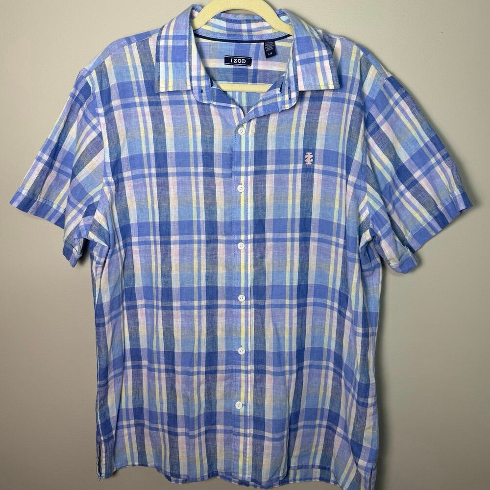 Izod Men's Large/L Short Sleeve Dress Shirt Pastel Plaid Spring Easter